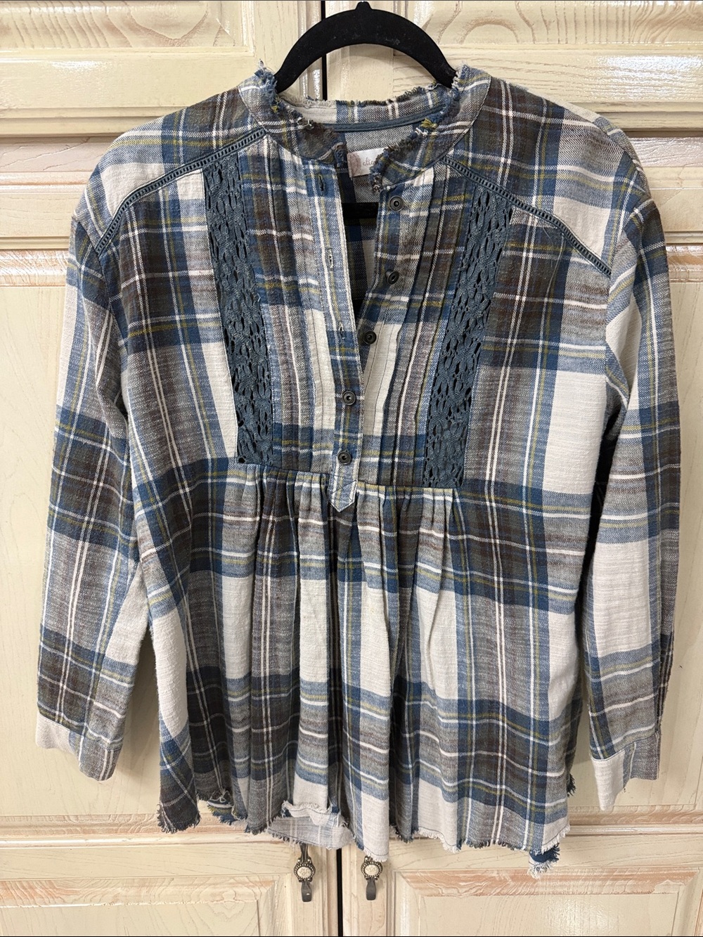 Plaid Button-Front Peasant Blouse with Lace Panels